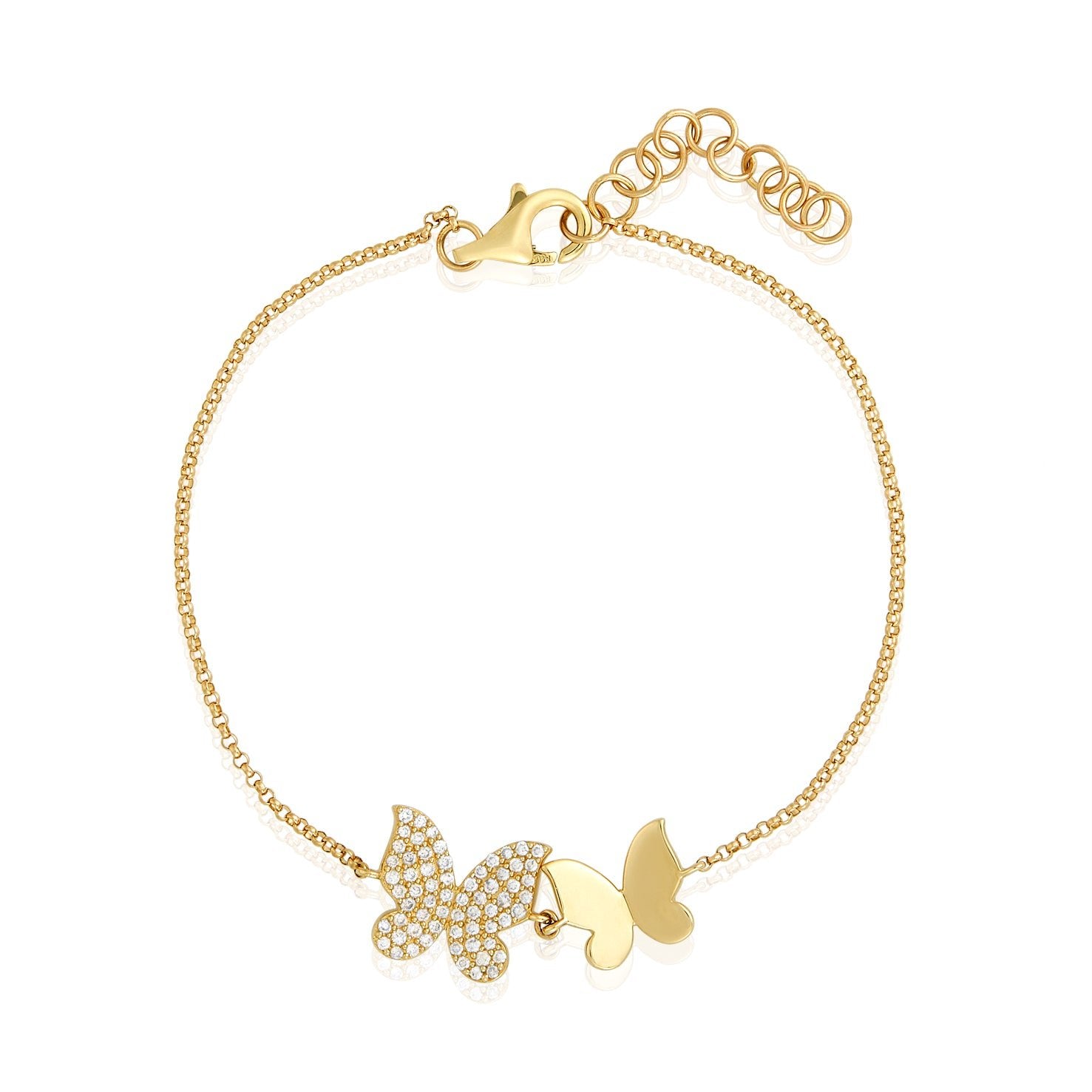 Gold & Pave Double Butterfly Bracelet 14K Yellow Gold
