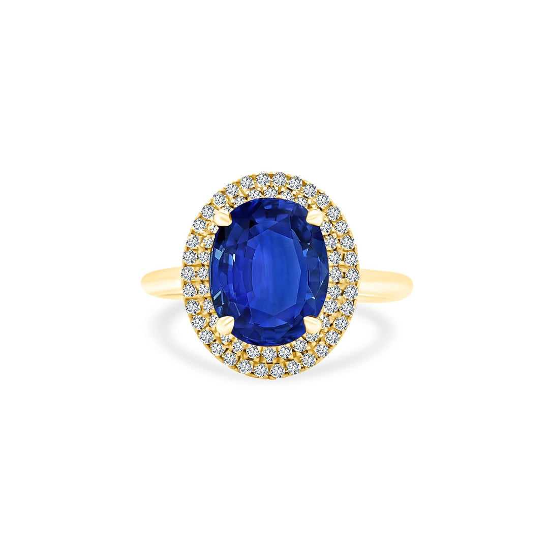 Oval Cut Blue Sapphire with Dainty Double Diamond Halo - Lindsey Leigh Jewelry