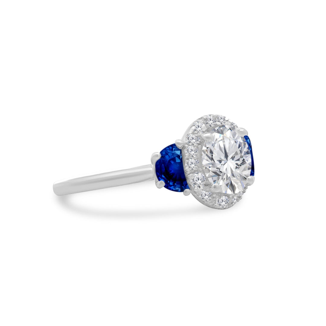 Round Diamond with Halo and Sapphire Half Moon Side Stones - Lindsey Leigh Jewelry