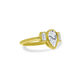 Bezel Set Pear with Straight Baguette Cut Side Stones  Lindsey Leigh Jewelry.
