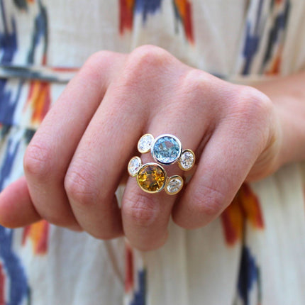 Bezel Set Round Gemstone Ring with Lab Grown Diamond Side Stones