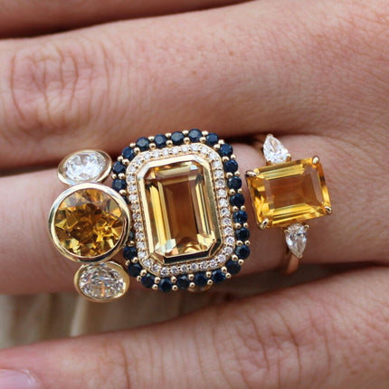 Bezel Set Round Gemstone Ring with Lab Grown Diamond Side Stones