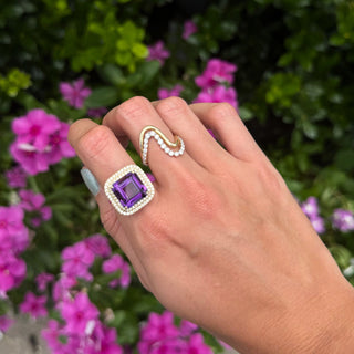 Asscher Cut Gemstone and Diamond Halo Cocktail Ring Amethyst Lifestyle
