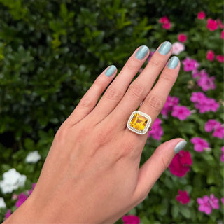 Asscher Cut Gemstone and Diamond Halo Cocktail Ring Citrine Lifestyle
