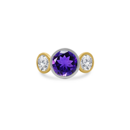Bezel Set Round Gemstone Ring with Lab Grown Diamond Side Stones
