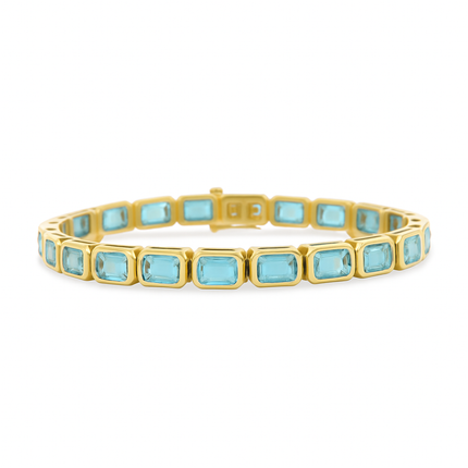 Bezel Set Emerald Cut Gemstone Tennis Bracelet Aquamarine - Lindsey Leigh Jewelry, Houston, TX