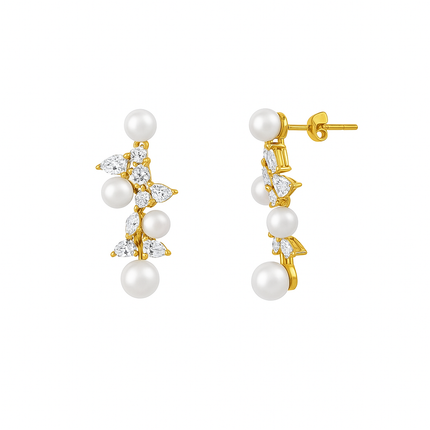 Alternating Pearl & Pear Diamond Drop Earrings