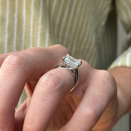 East/West Solitaire Emerald Cut Diamond With Hidden Diamond Halo Lifestyle