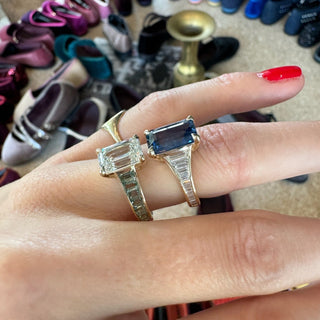 Emerald Cut Solitaire On Green Sapphire Band  Lindsey Leigh Jewelry.
