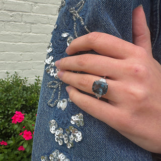 Cushion Cut Blue Topaz With Half Moon Diamond Side Stones  Lindsey Leigh Jewelry.
