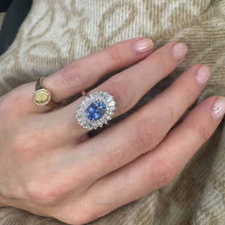 2.43ct Oval Cut Sapphire with Sunburst Halo  Lindsey Leigh Jewelry.

