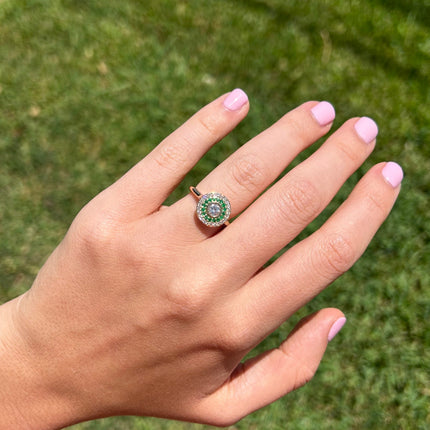 Lindsey_Leigh_Jewelry_Diamond_Ring_With_Emerald_and_Diamond_Halo Lifestyle 1