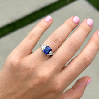 Lindsey Leigh Jewelry Emerald Cut Sapphire with Trillion Cut Diamond Side Stones Lifestyle
