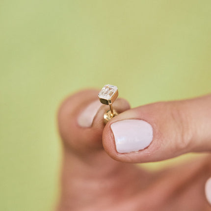 Lindsey Leigh Jewelry Invisible Emerald Cut Diamond Studs Lifestyle 5