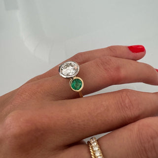 Lindsey Leigh Jewelry Round Bezel Diamond With Round Bezel Emerald Side Stones Lifestyle
