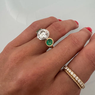 Lindsey Leigh Jewelry Round Bezel Diamond With Round Bezel Emerald Side Stones Lifestyle 3
