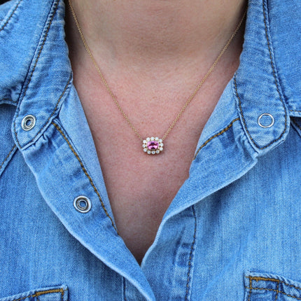 Milgrain Halo Gemstone & Diamond Necklace Lifestyle 3