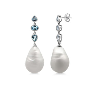 Pearl and Aquamarine Pear Dangle Earrings
