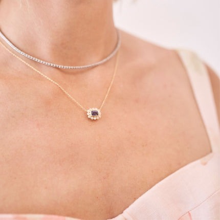 Gemstone & Diamond Milgrain Halo Necklace