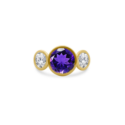 Bezel Set Round Gemstone Ring with Lab Grown Diamond Side Stones