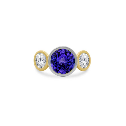 Bezel Set Round Gemstone Ring with Lab Grown Diamond Side Stones