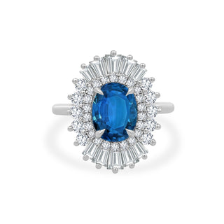2.43ct Oval Cut Sapphire with Sunburst Halo  Lindsey Leigh Jewelry.
