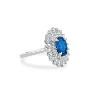2.43ct Oval Cut Sapphire with Sunburst Halo  Lindsey Leigh Jewelry.
