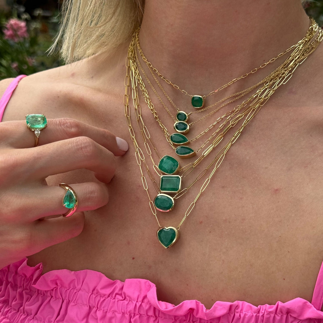 Bezel Set Emerald Paper Clip Necklace - Lindsey Leigh Jewelry