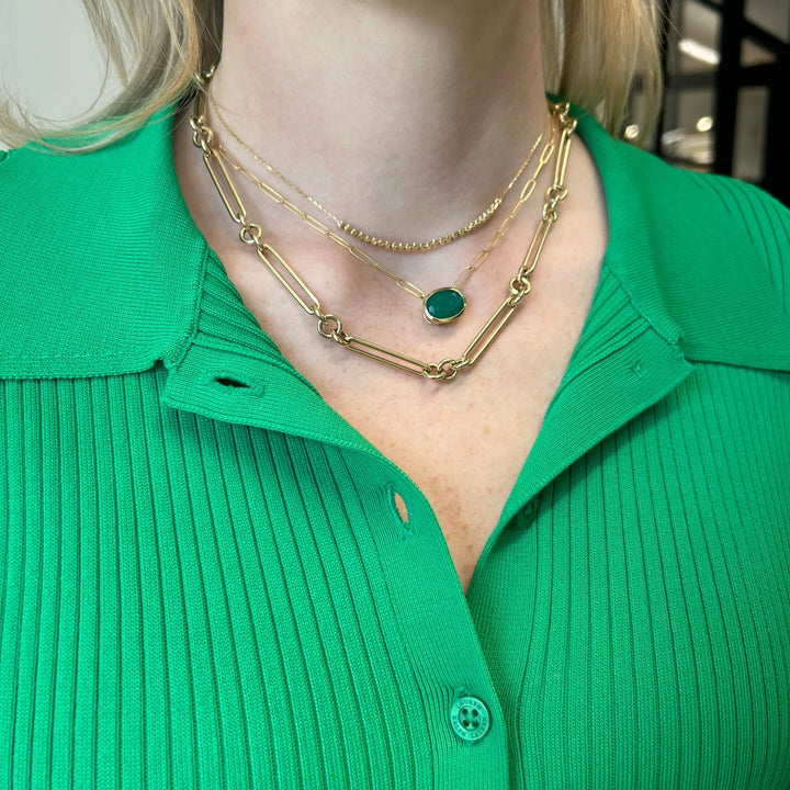 Bezel Set Oval Cut Emerald Paper Clip Necklace - Lindsey Leigh Jewelry