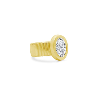 Bezel Set Oval Cut Solitaire on Detailed Gold Band  Lindsey Leigh Jewelry.
