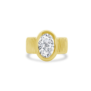 Bezel Set Oval Cut Solitaire on Detailed Gold Band  Lindsey Leigh Jewelry.
