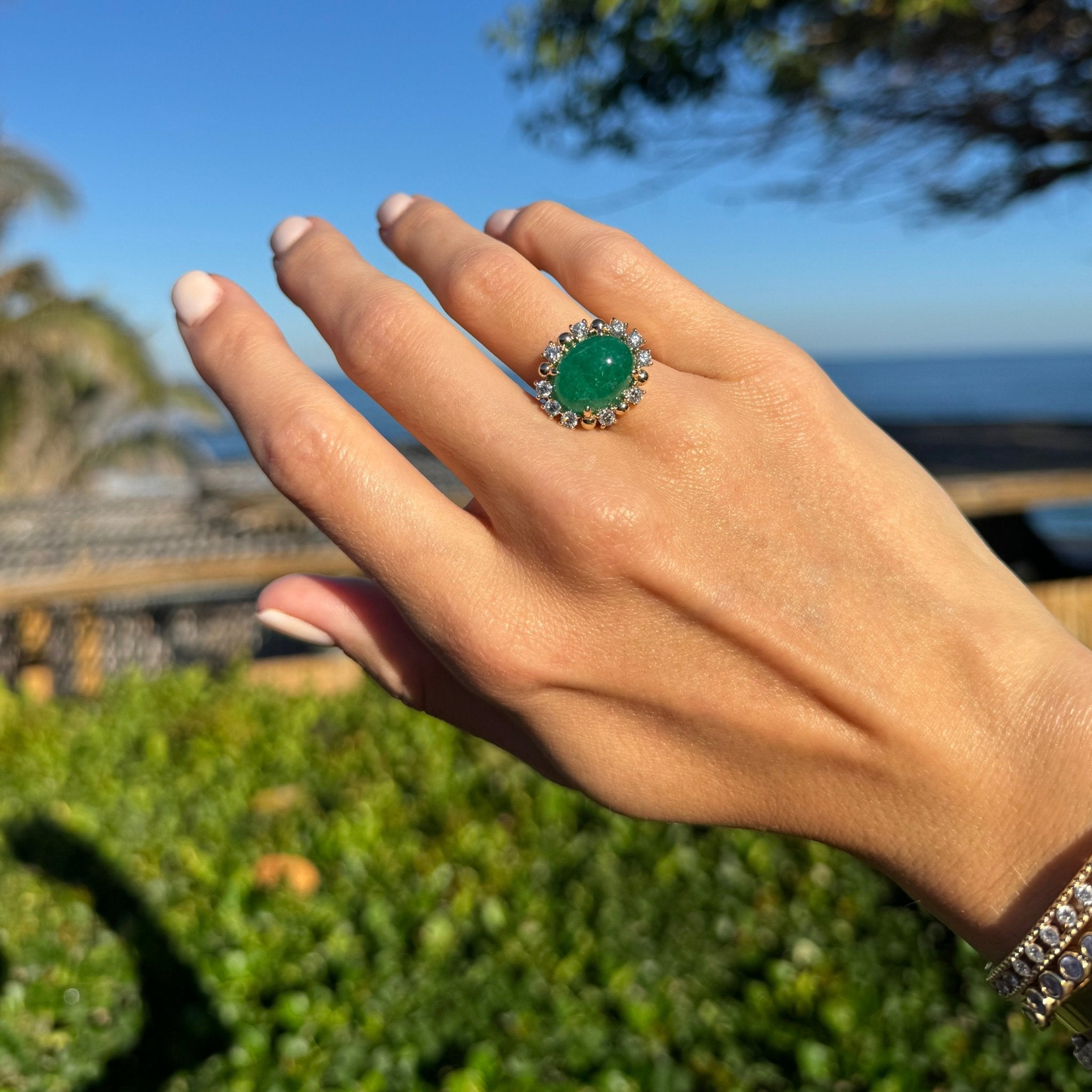 Cabochon Emerald Diamond Halo Ring – Lindsey Leigh Jewelry
