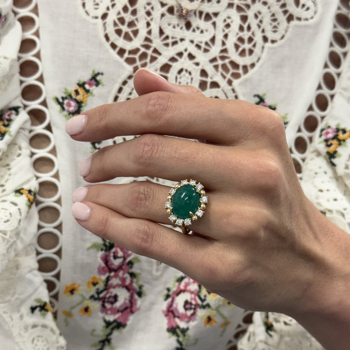 Cabochon Emerald & Diamond Halo Ring - Lindsey Leigh Jewelry