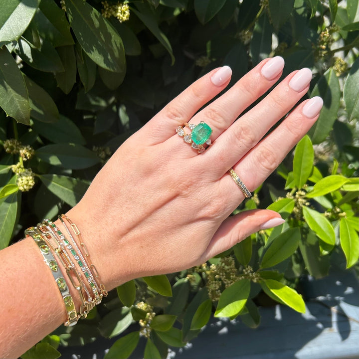Cushion Cut Colombian Emerald Ring with Side Pears - Lindsey Leigh Jewelry