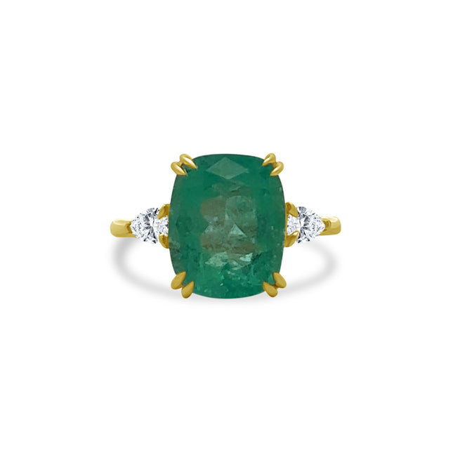 Cushion Cut Colombian Emerald Ring with Side Pears - Lindsey Leigh Jewelry