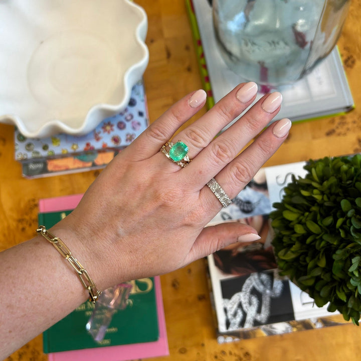 Cushion Cut Colombian Emerald Ring with Side Pears - Lindsey Leigh Jewelry