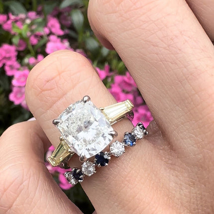 Cushion Cut Diamond Ring with Yellow Diamond Tapered Baguettes - Lindsey Leigh Jewelry