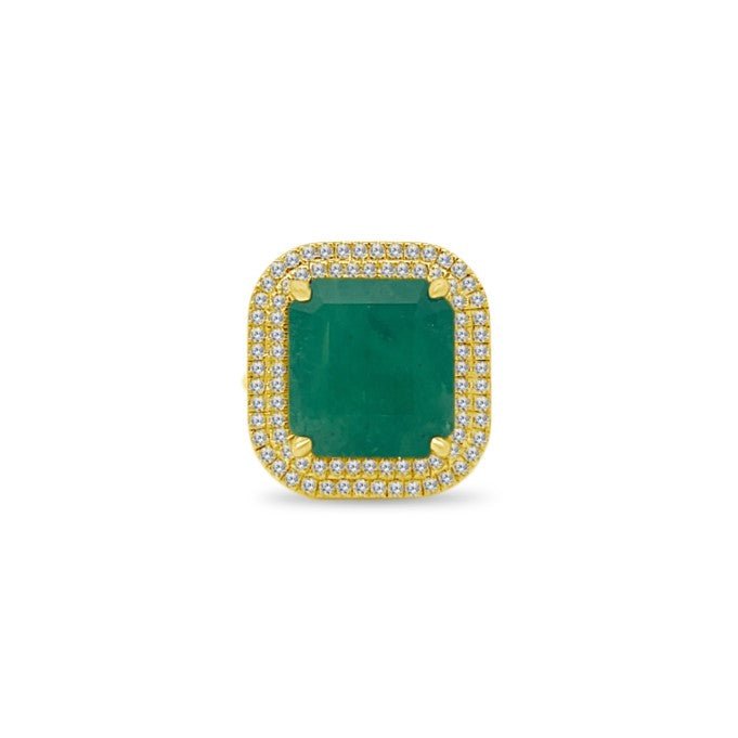 Emerald Cut Emerald Ring with a Double Diamond Halo - Lindsey Leigh Jewelry