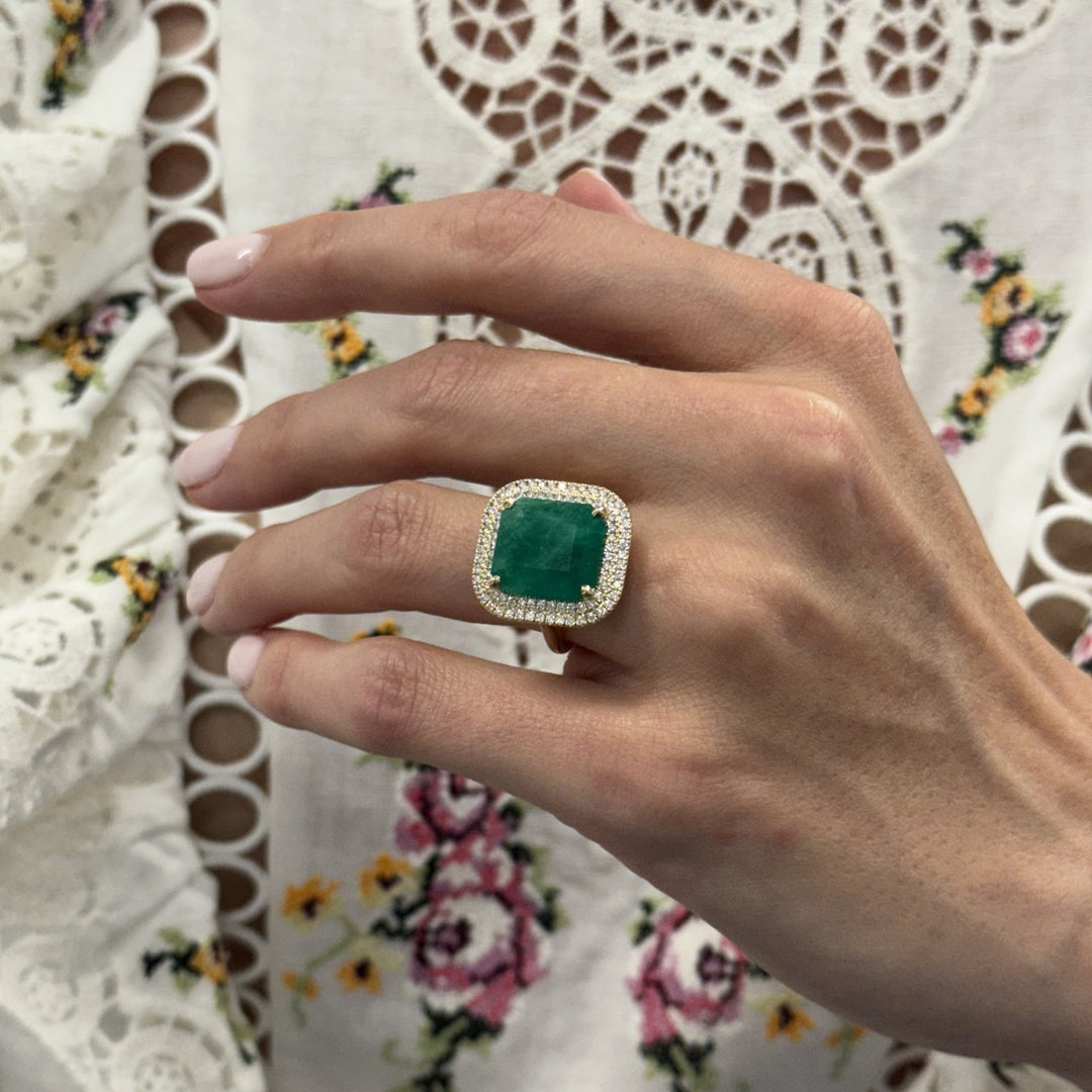 Emerald Cut Emerald Ring with a Double Diamond Halo - Lindsey Leigh Jewelry