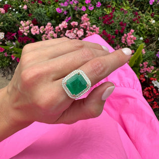 Emerald Cut Emerald Ring with a Double Diamond Halo  Lindsey Leigh Jewelry.
