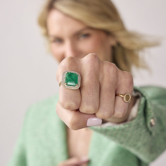 Emerald Cut Emerald Ring with a Double Diamond Halo - Lindsey Leigh Jewelry