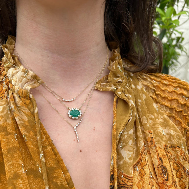 Oval Emerald with Diamond and Gold Bead Halo Necklace - Lindsey Leigh Jewelry