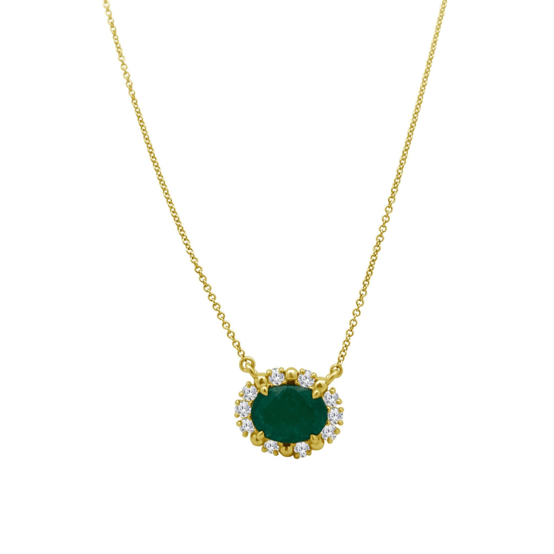 Oval Emerald with Diamond and Gold Bead Halo Necklace - Lindsey Leigh Jewelry