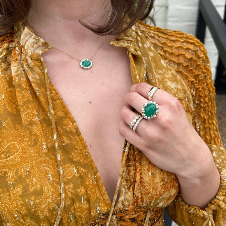 Oval Emerald with Diamond and Gold Bead Halo Necklace - Lindsey Leigh Jewelry