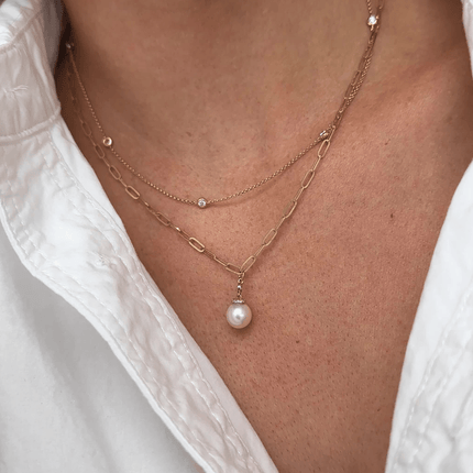 Paper Clip & Diamond Bezel Pearl Pendant - Lindsey Leigh Jewelry