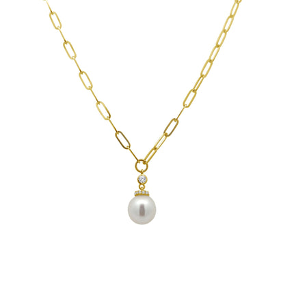 Paper Clip & Diamond Bezel Pearl Pendant - Lindsey Leigh Jewelry