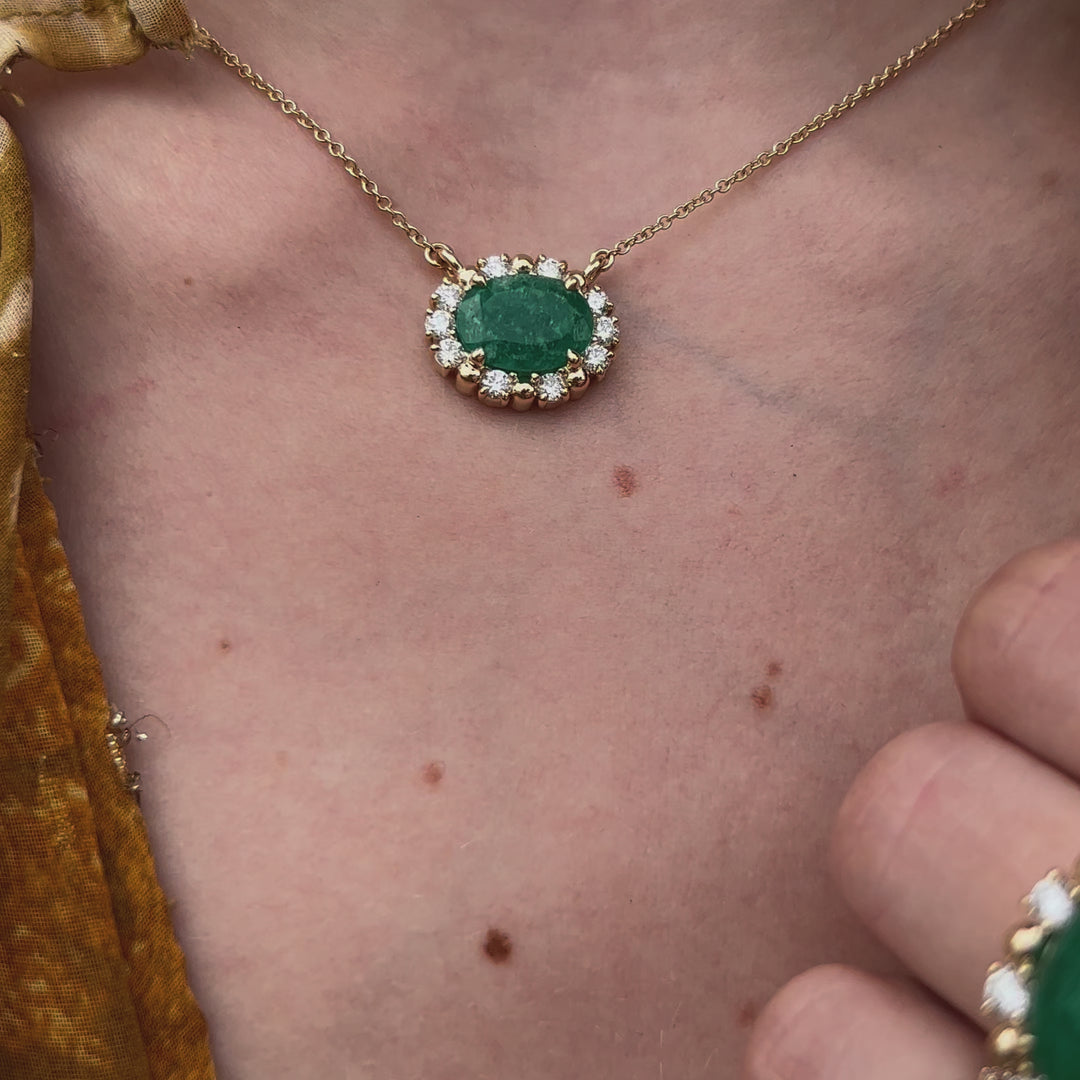 Oval Emerald with Diamond and Gold Bead Halo Necklace