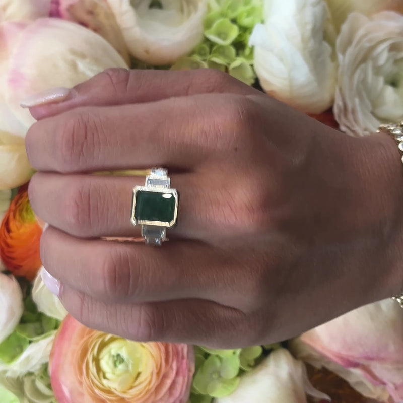 Bezel Set Emerald Cut Emerald with Double Baguette Cut Diamond Side Stones  Lindsey Leigh Jewelry.