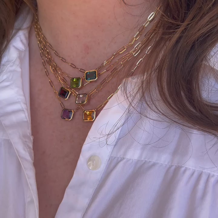 Bezel Set Gemstone Paper Clip Necklace