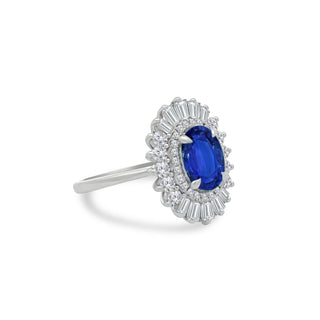 2.15ct Oval Cut Sapphire with Sunburst Halo  Lindsey Leigh Jewelry.
